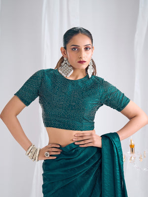 Designer Morpich Green Satin Saree with Embellished Blouse Modern Party Outfit - Image 2
