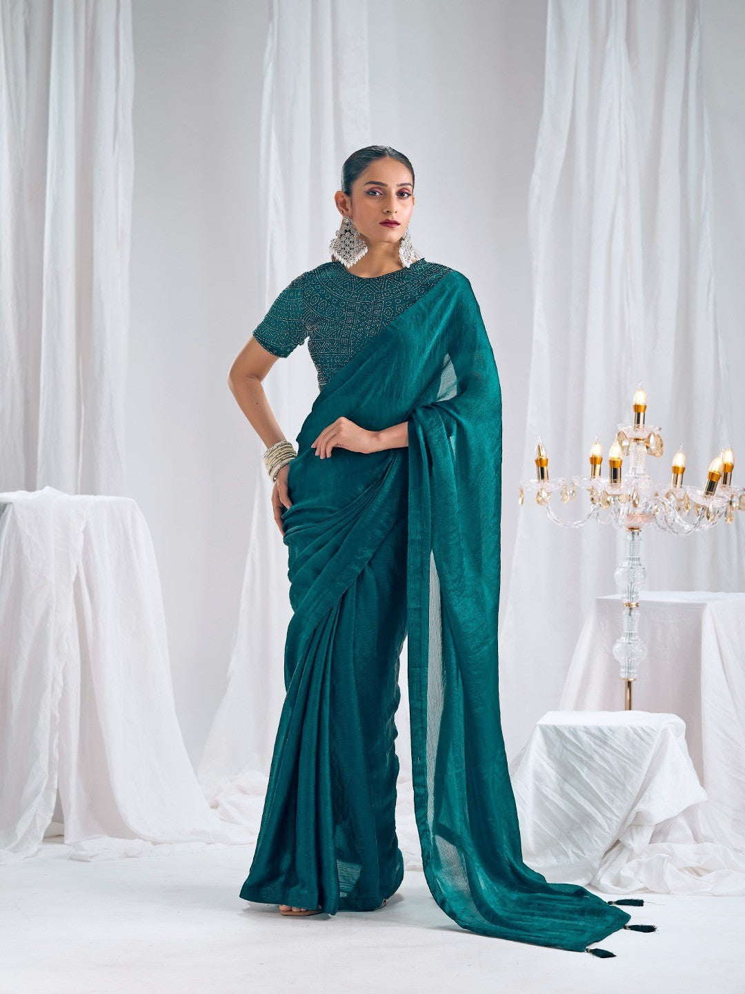 Designer Morpich Green Satin Saree with Embellished Blouse Modern Party Outfit - Image 1