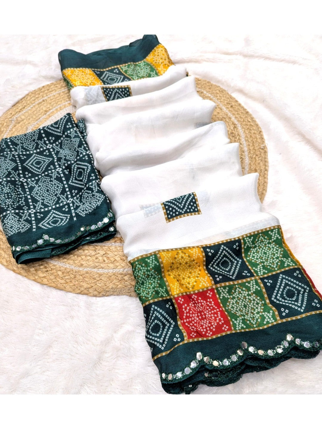 Elegant White & Green Vichitra Silk Bandhani Saree with Mirror Work Border - Image 3