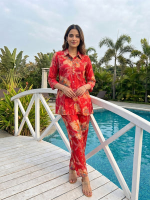 Red Floral Printed Rayon Top Bottom Set Stylish Everyday Ethnic Wear - Image 1