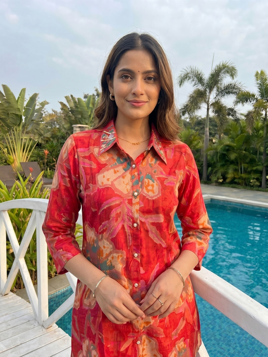 Red Floral Printed Rayon Top Bottom Set Stylish Everyday Ethnic Wear - Image 4