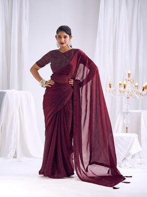 Designer Burgundy Satin Saree with Embellished Blouse Modern Party Outfit - Image 1