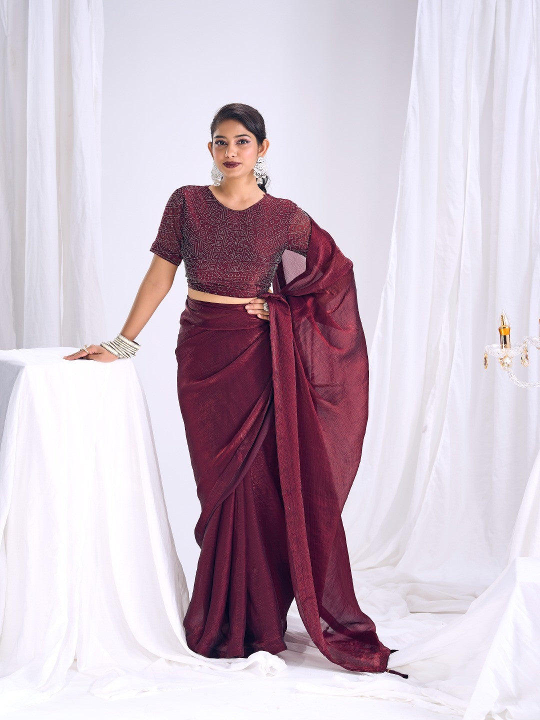 Designer Burgundy Satin Saree with Embellished Blouse Modern Party Outfit - Image 4