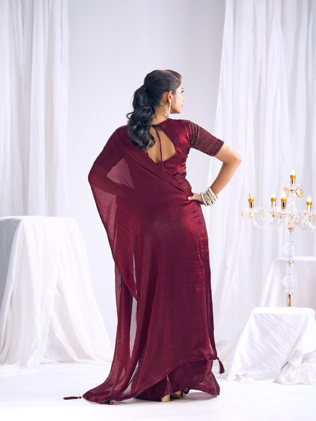 Designer Burgundy Satin Saree with Embellished Blouse Modern Party Outfit - Image 2