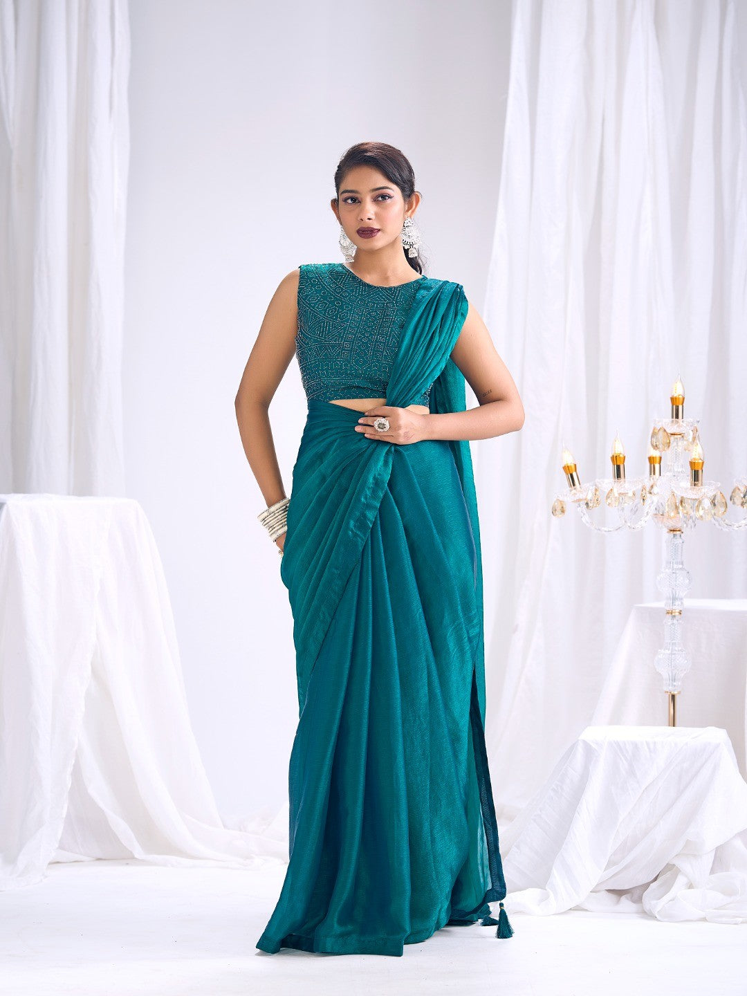 Designer Teal Satin Saree with Embellished Blouse Modern Party Outfit - Image 3