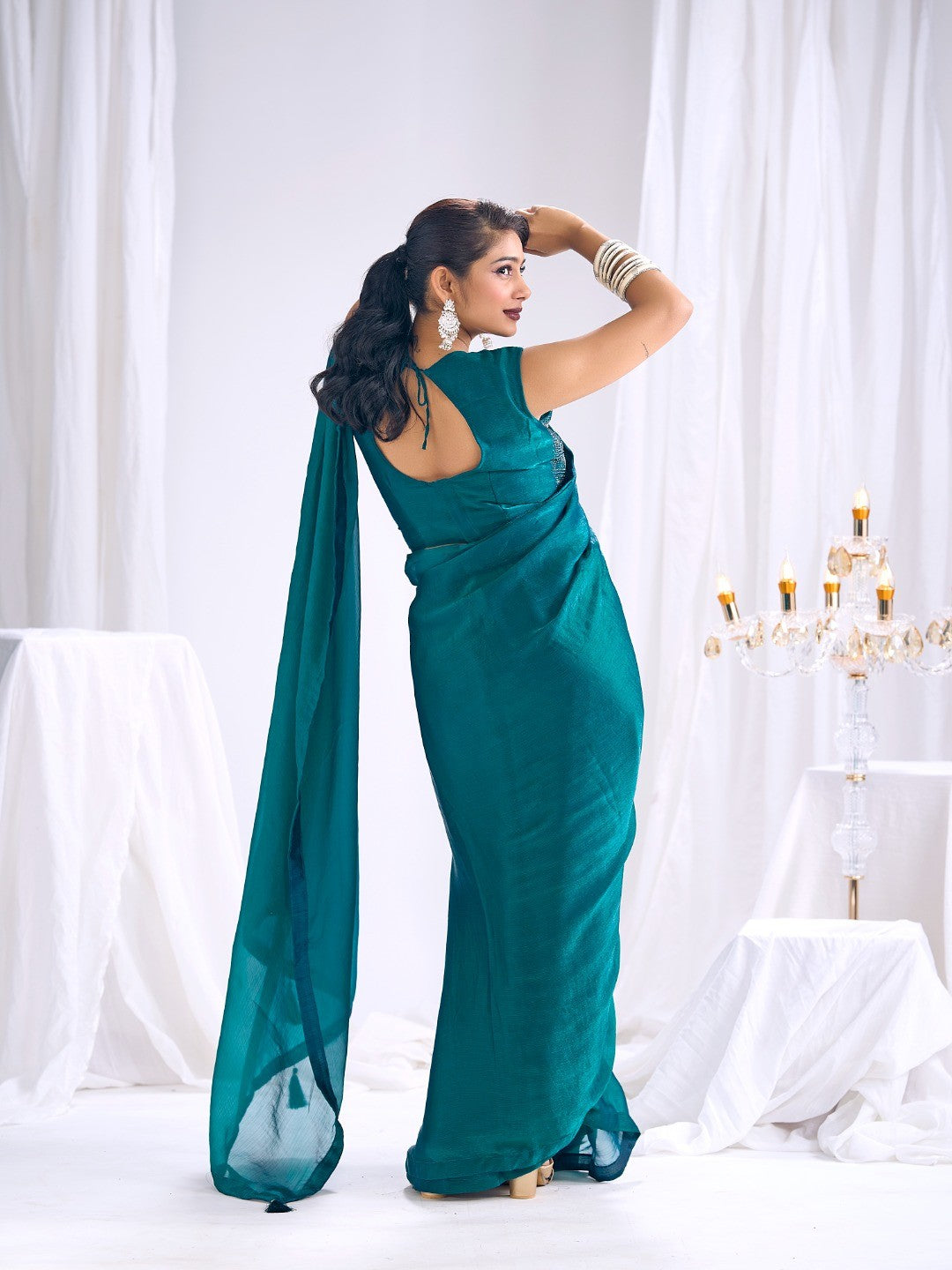 Designer Teal Satin Saree with Embellished Blouse Modern Party Outfit - Image 2