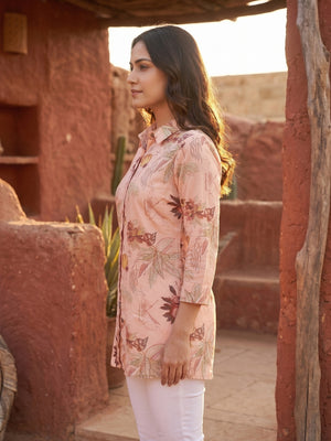 Premium Peach Floral Printed Muslin Top Chic Casual Style - Image 2