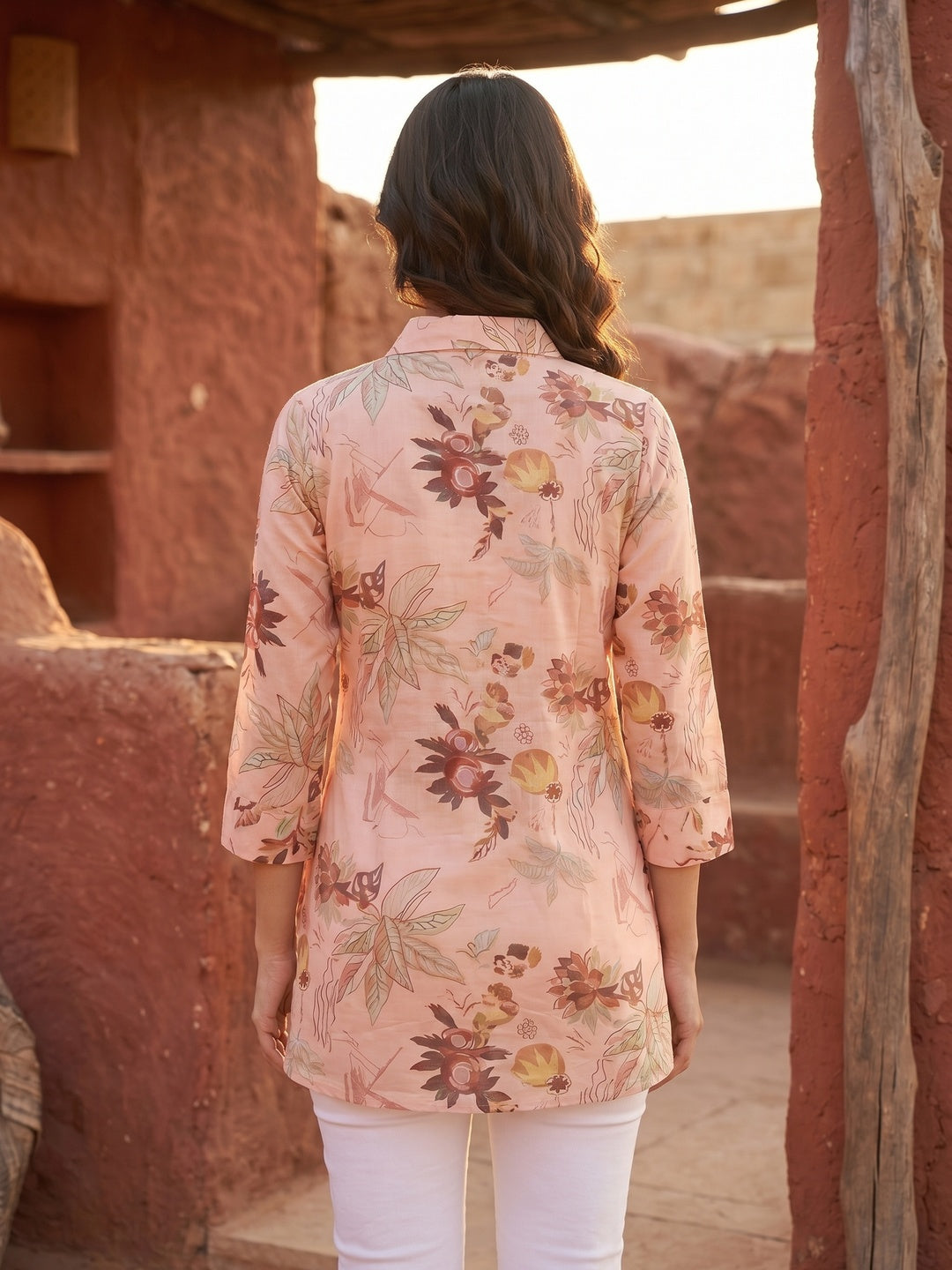 Premium Peach Floral Printed Muslin Top Chic Casual Style - Image 3