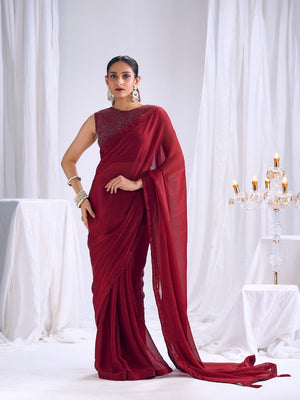Designer Deep Red Satin Saree with Embellished Blouse Modern Party Outfit - Image 1