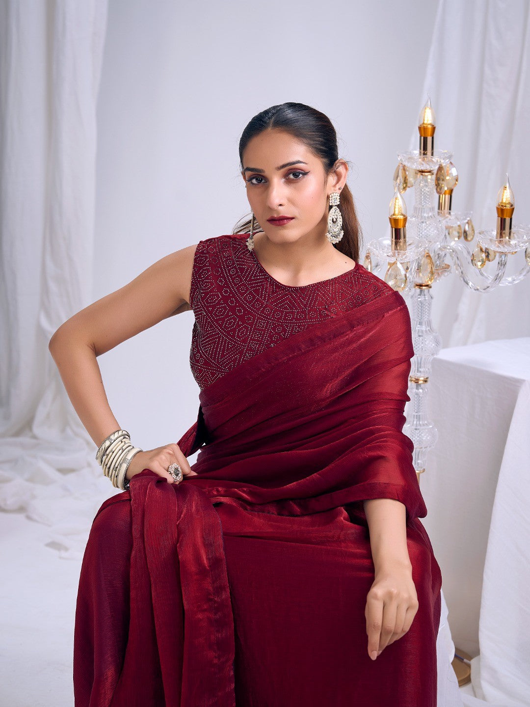 Designer Deep Red Satin Saree with Embellished Blouse Modern Party Outfit - Image 5