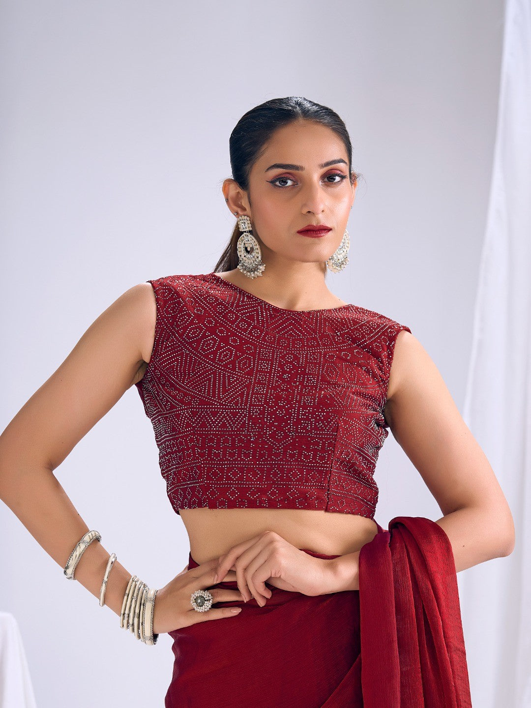 Designer Deep Red Satin Saree with Embellished Blouse Modern Party Outfit - Image 2