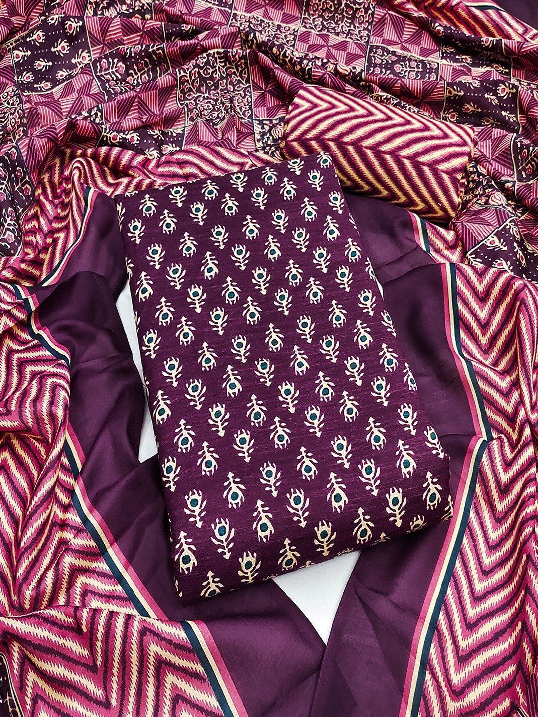 Exclusive Wine Floral Printed Rayon Dress Material With Delicate Design Finish - Image 1