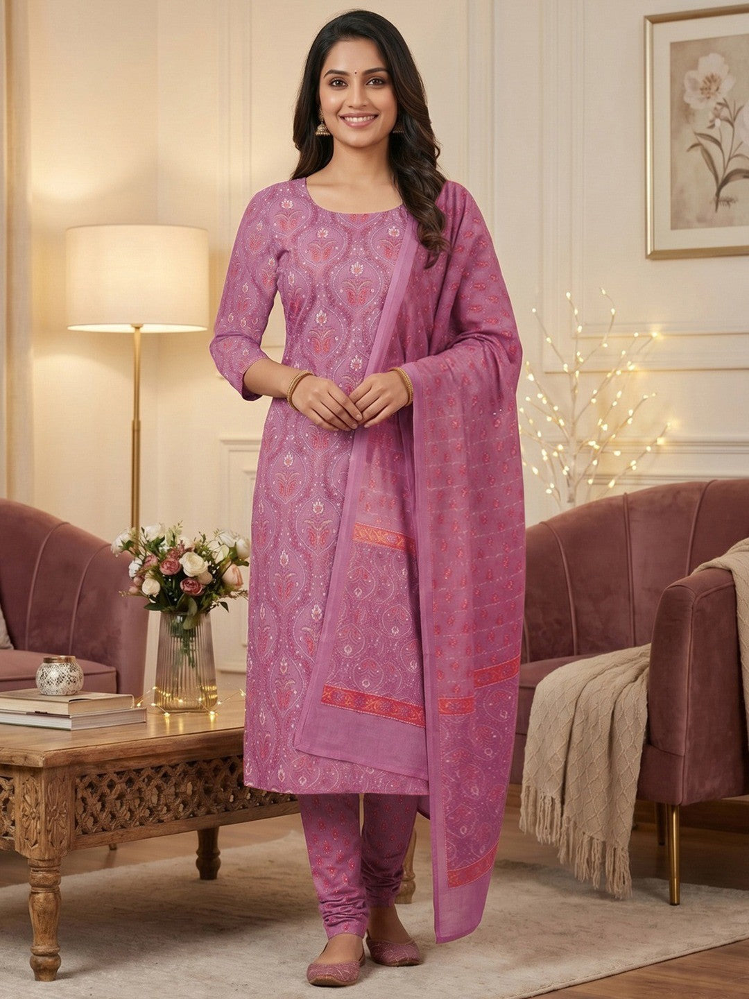 Exclusive Mauve Floral Printed Rayon Dress Material With Delicate Design Finish - Image 2