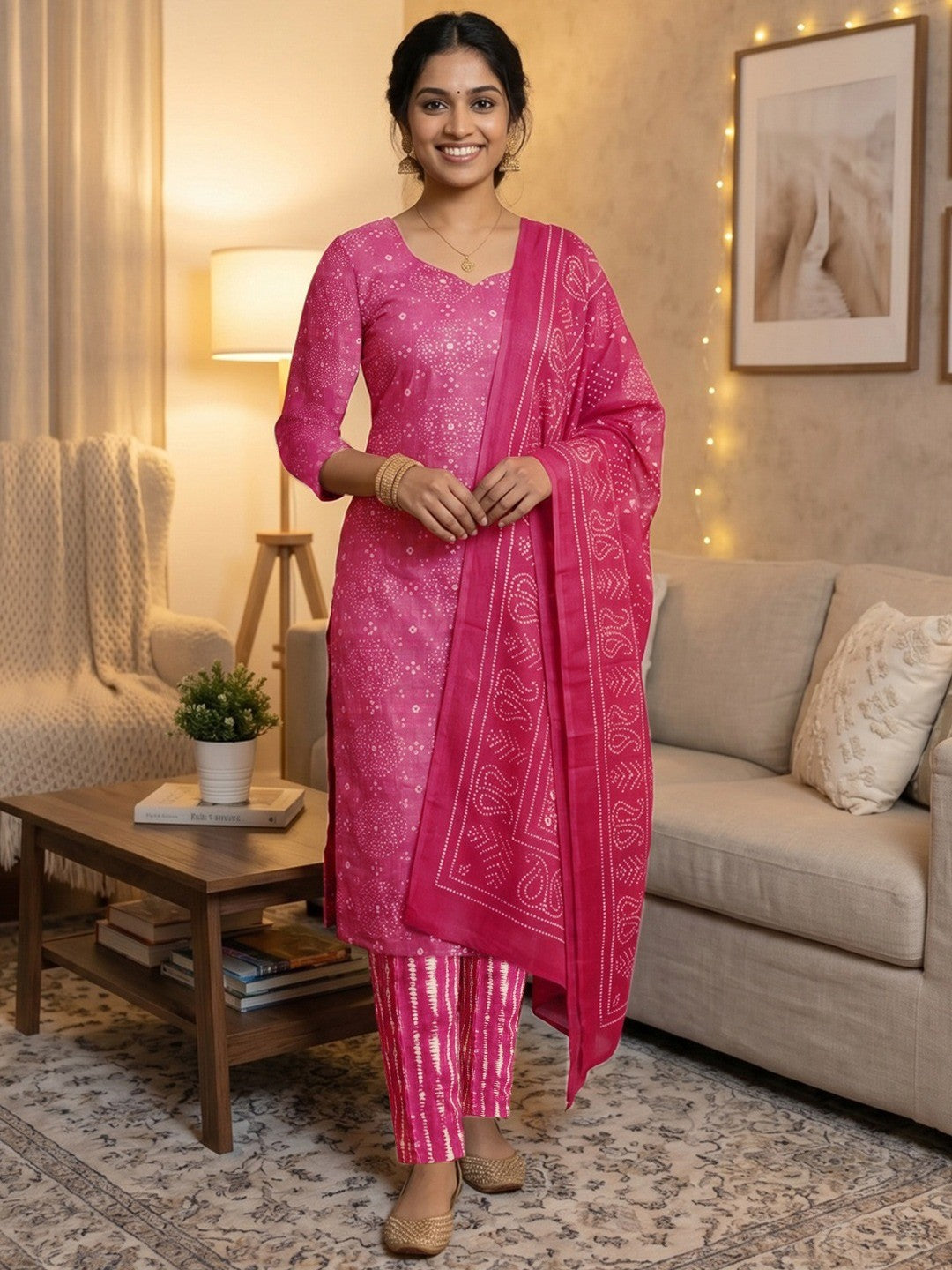 Exclusive Pink Bandhani Printed Rayon Dress Material With Delicate Design Finish - Image 2