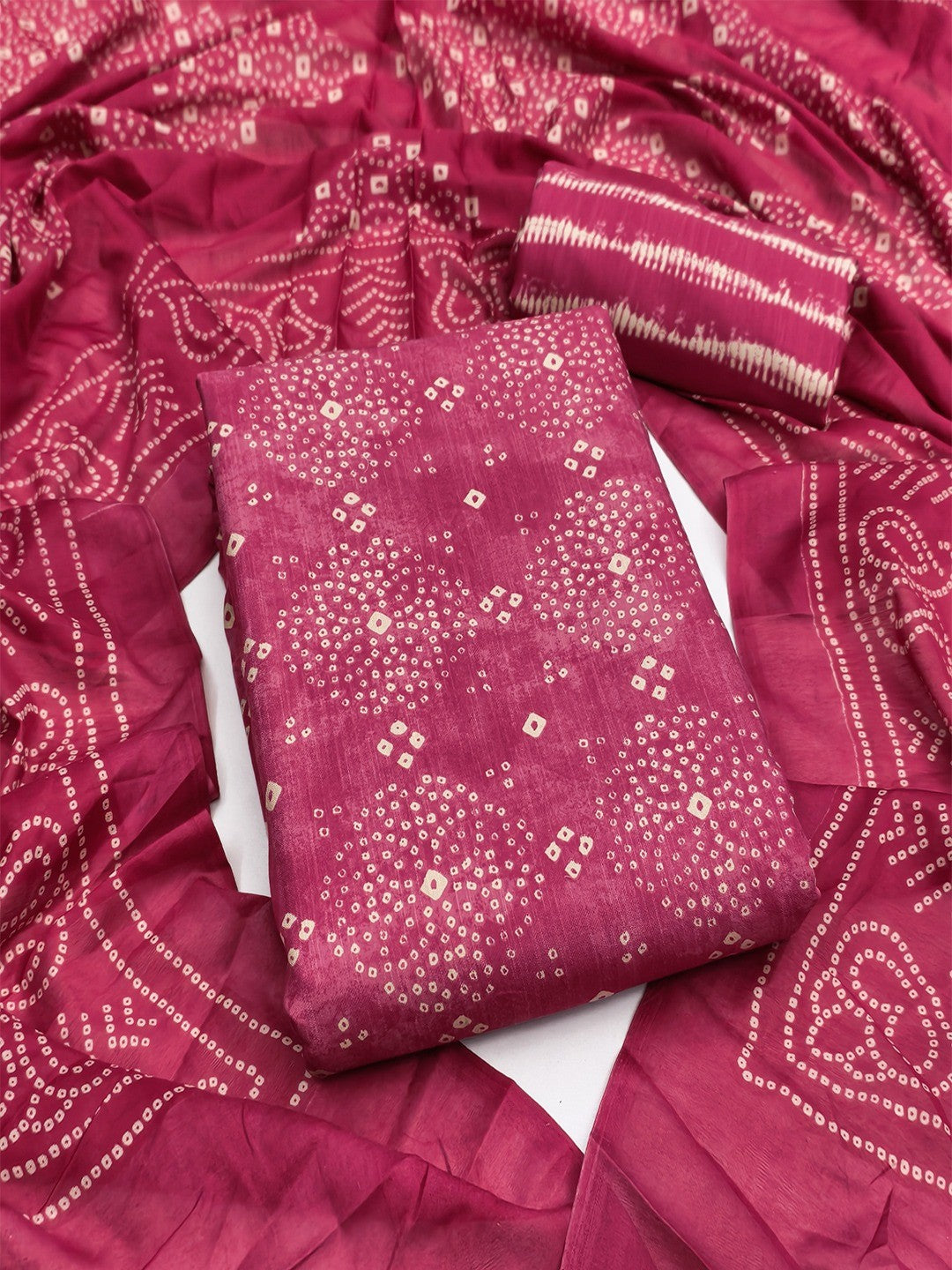 Exclusive Pink Bandhani Printed Rayon Dress Material With Delicate Design Finish - Image 1