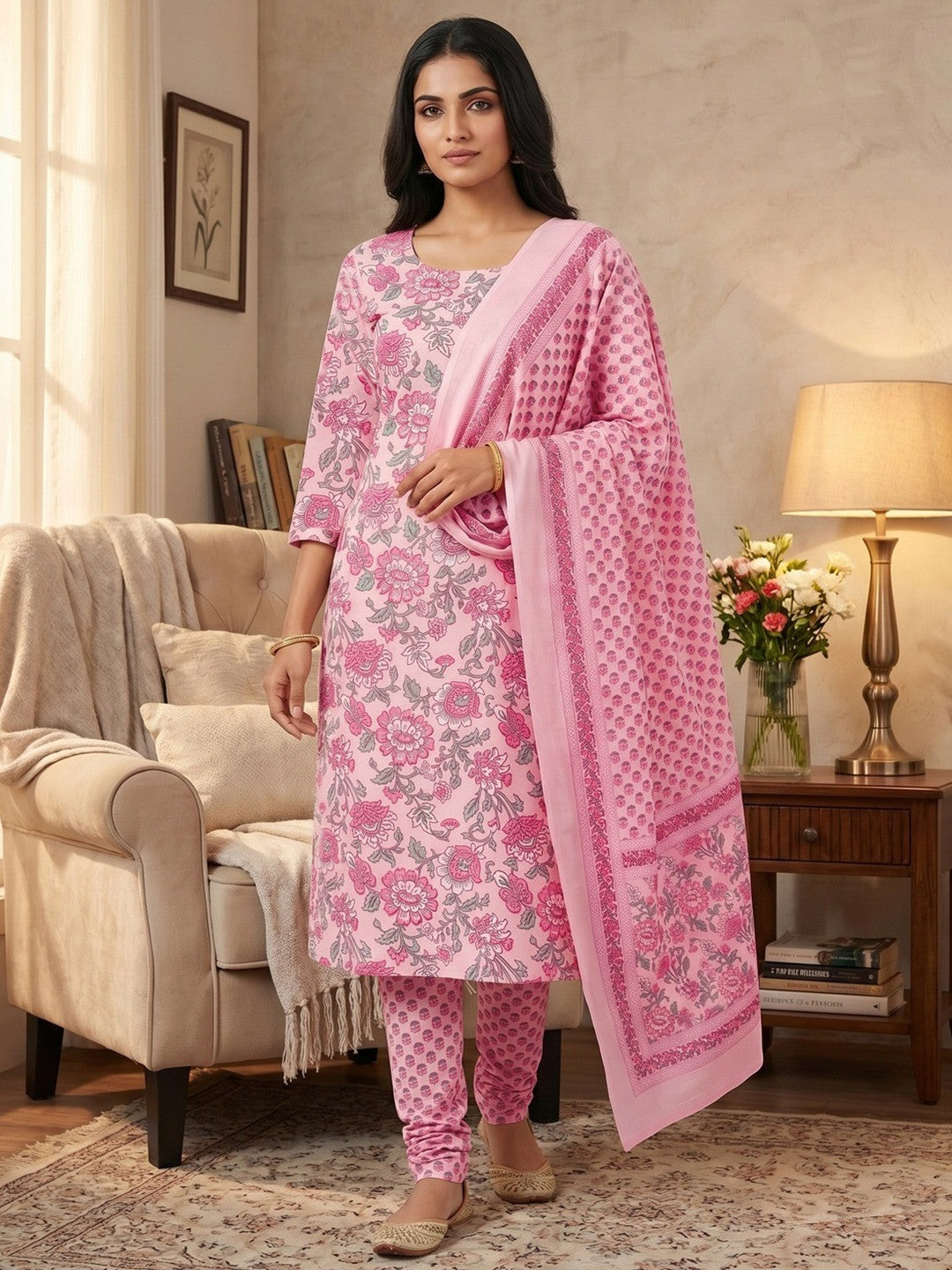 Exclusive Light Pink Floral Printed Rayon Dress Material With Delicate Design Finish - Image 2