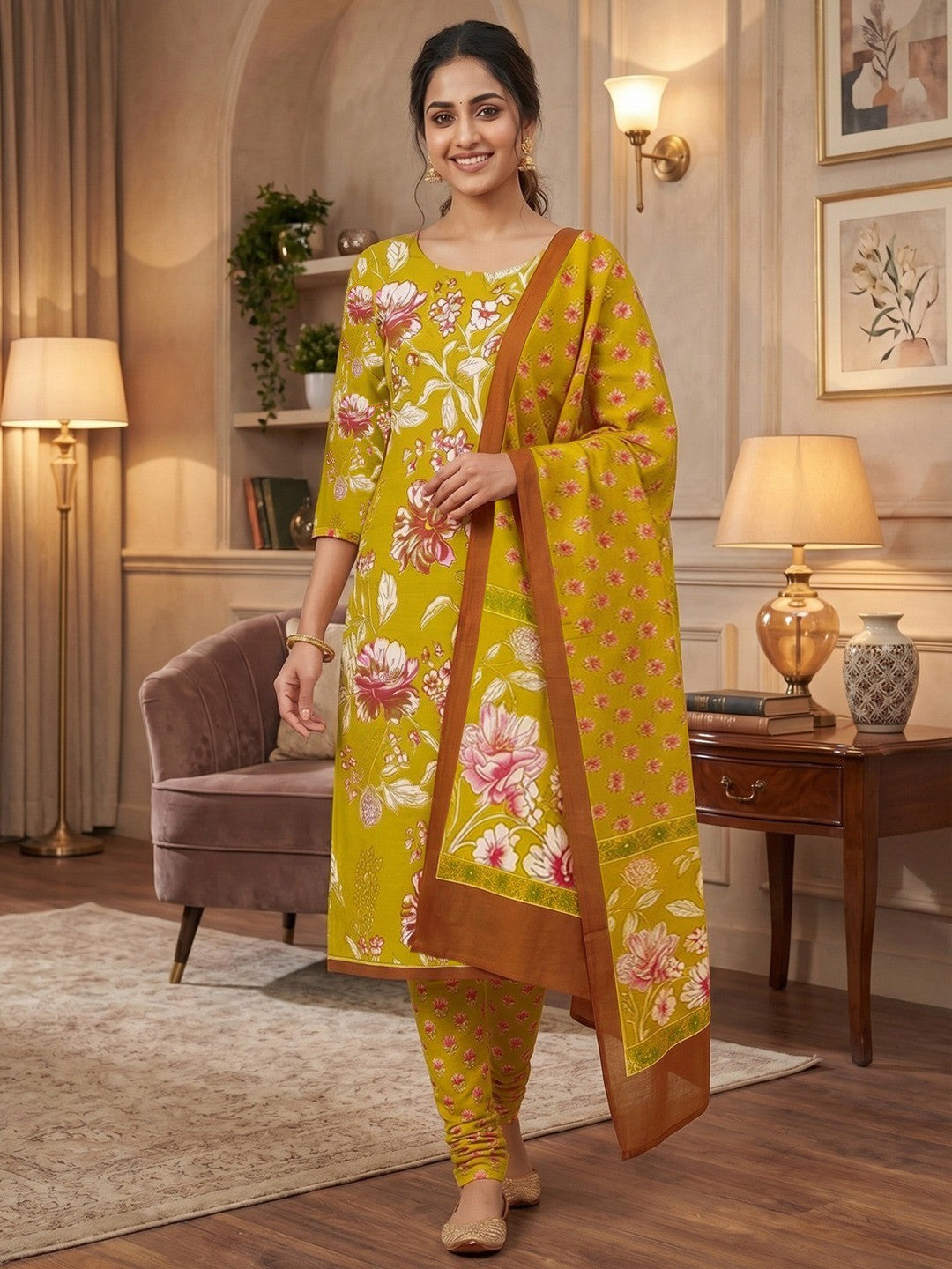 Exclusive Dark Mustard Floral Printed Rayon Dress Material With Delicate Design Finish - Image 2
