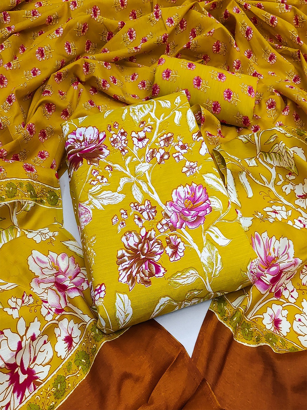 Exclusive Dark Mustard Floral Printed Rayon Dress Material With Delicate Design Finish - Image 1