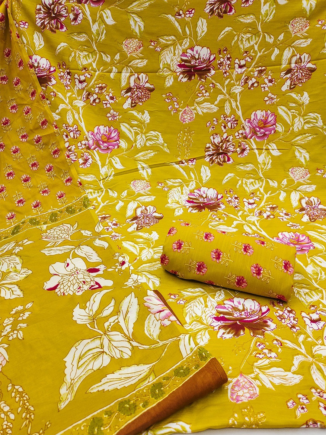 Exclusive Dark Mustard Floral Printed Rayon Dress Material With Delicate Design Finish - Image 3