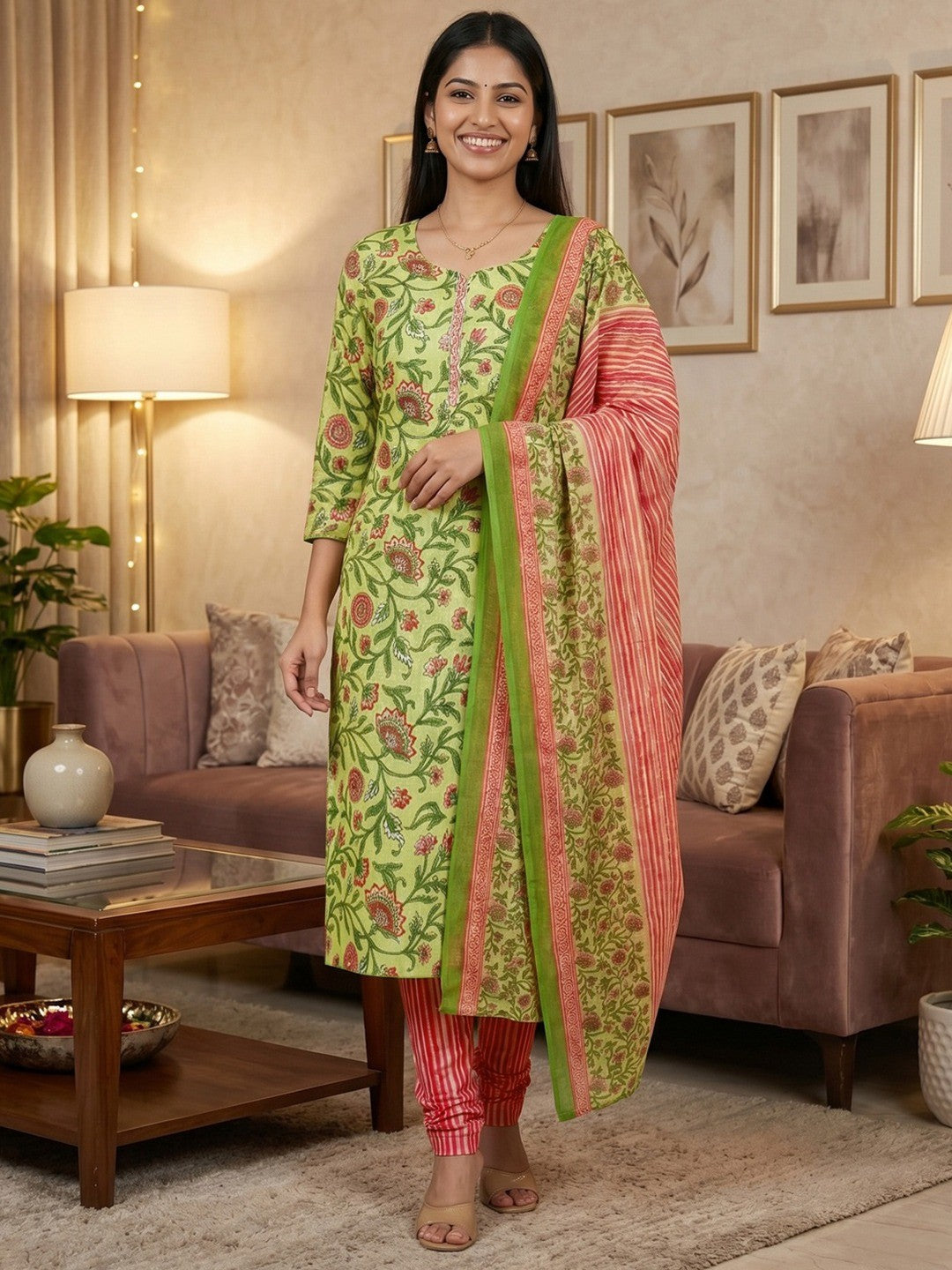 Green Floral Printed Rayon Unstitched Dress Material with Dupatta - Image 2
