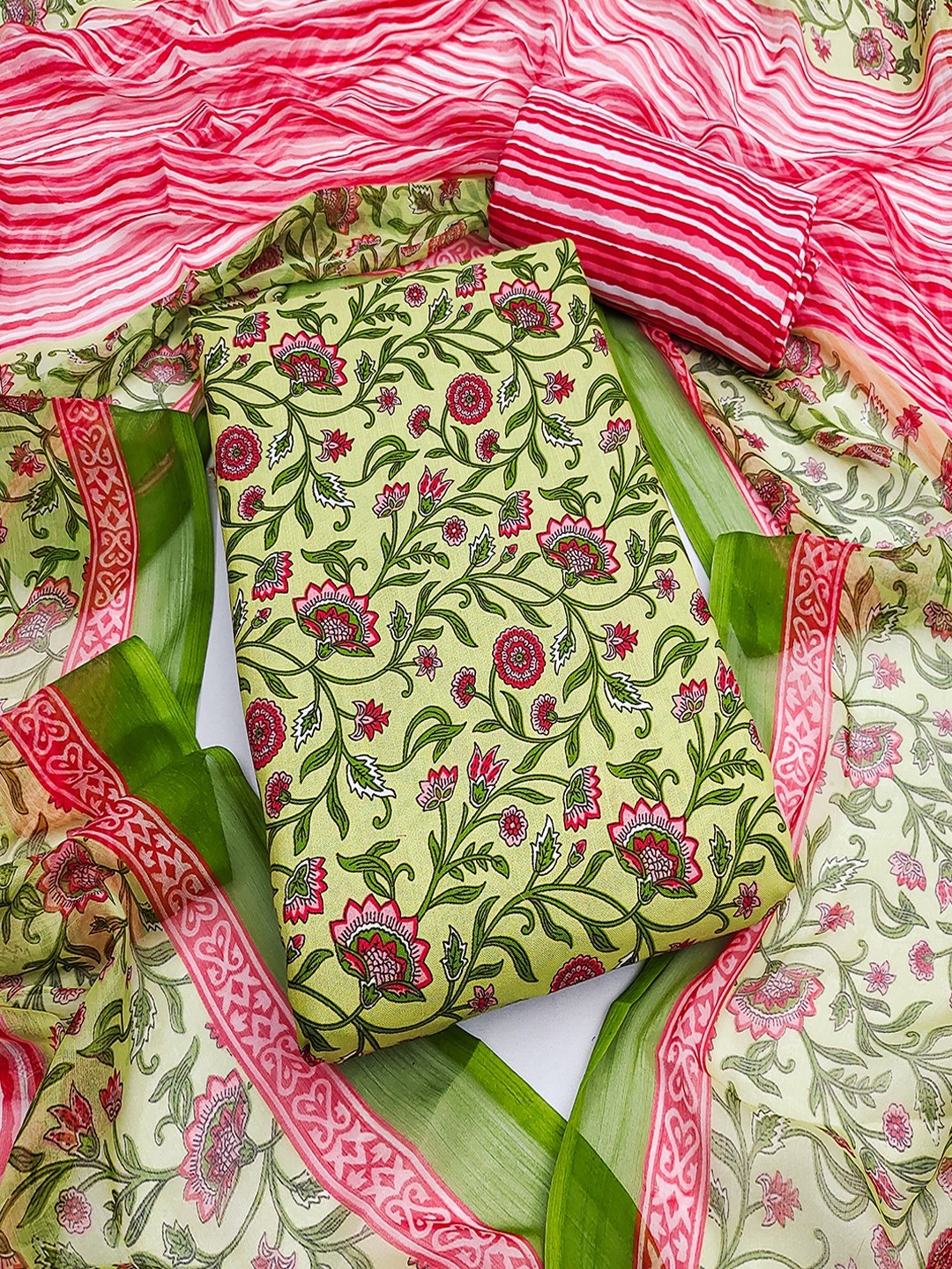 Green Floral Printed Rayon Unstitched Dress Material with Dupatta - Image 1