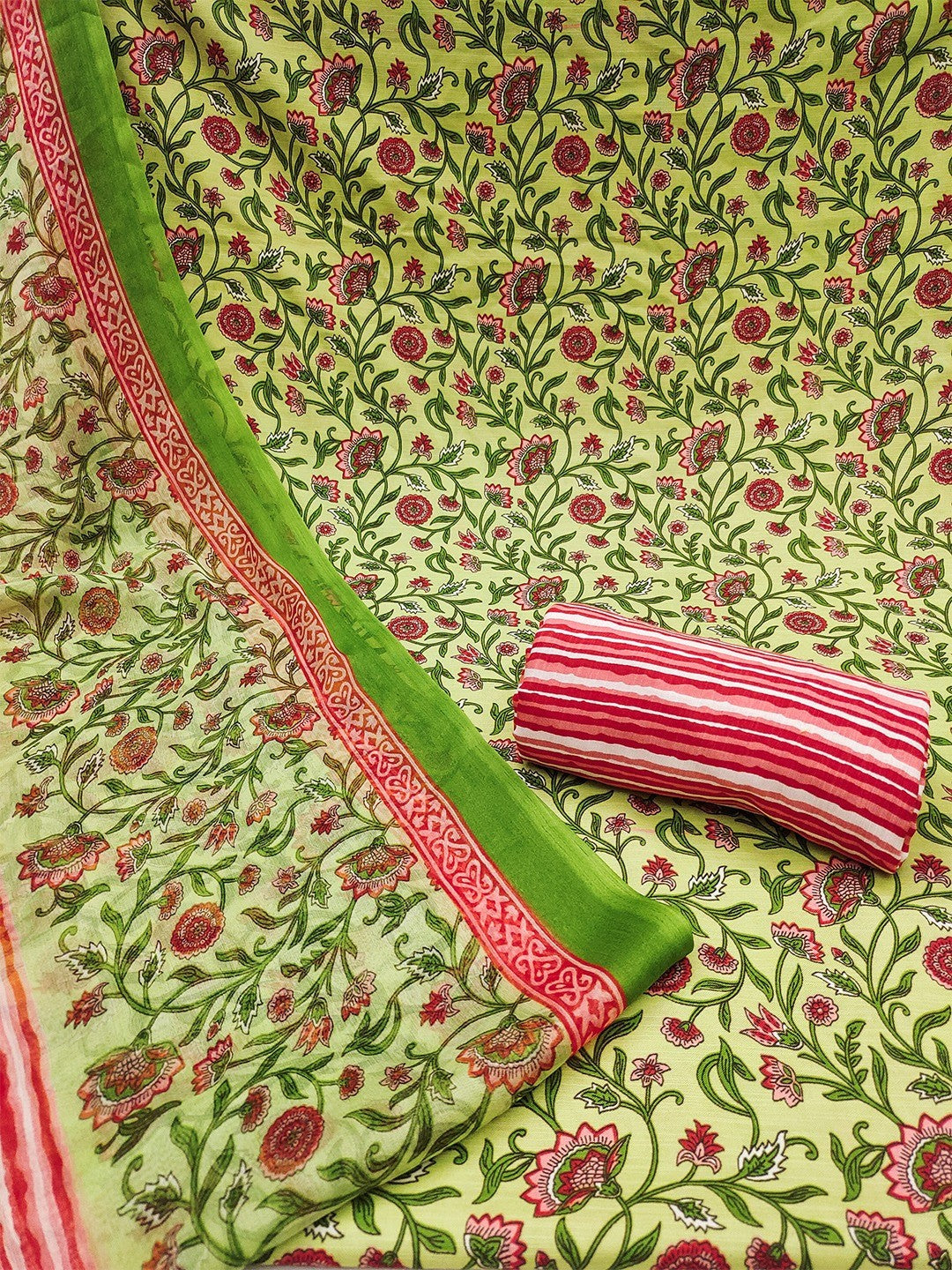Green Floral Printed Rayon Unstitched Dress Material with Dupatta - Image 3