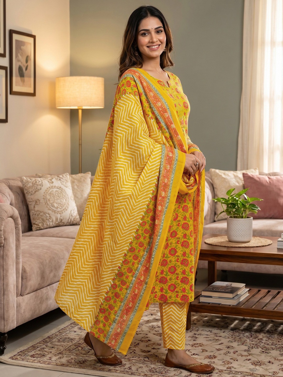 Exclusive Mustard Floral Printed Rayon Dress Material With Delicate Design Finish - Image 2