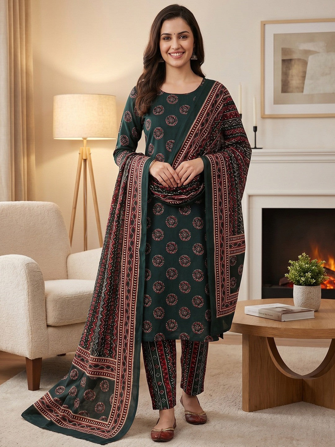 Exclusive Dark Bottle Green Geometric Printed Rayon Dress Material With Delicate Design Finish - Image 2