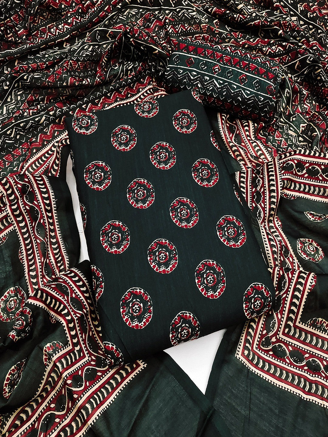 Exclusive Dark Bottle Green Geometric Printed Rayon Dress Material With Delicate Design Finish - Image 1