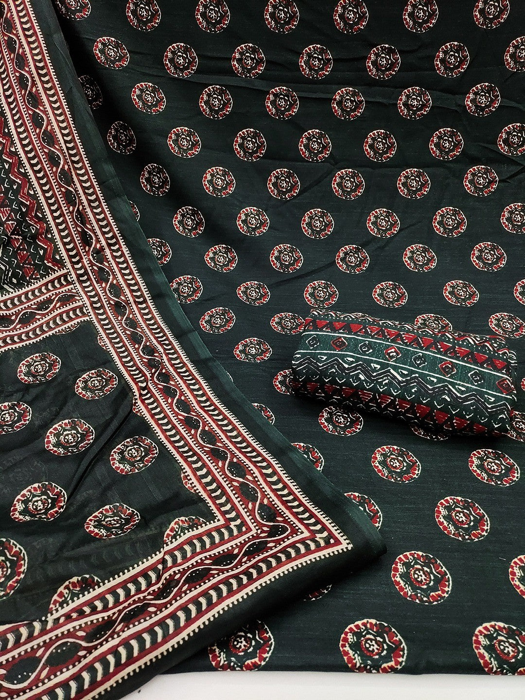 Exclusive Dark Bottle Green Geometric Printed Rayon Dress Material With Delicate Design Finish - Image 3