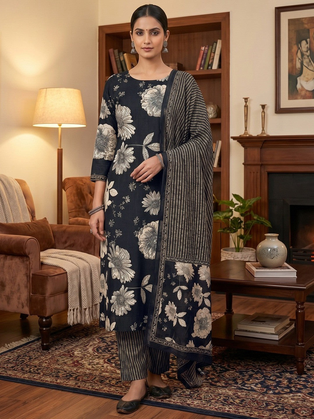 Exclusive Black Floral Printed Rayon Dress Material With Delicate Design Finish - Image 2