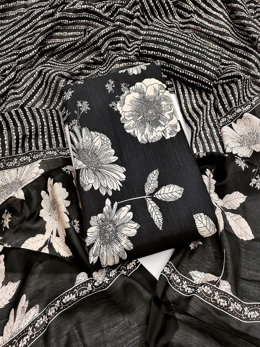 Exclusive Black Floral Printed Rayon Dress Material With Delicate Design Finish - Image 1