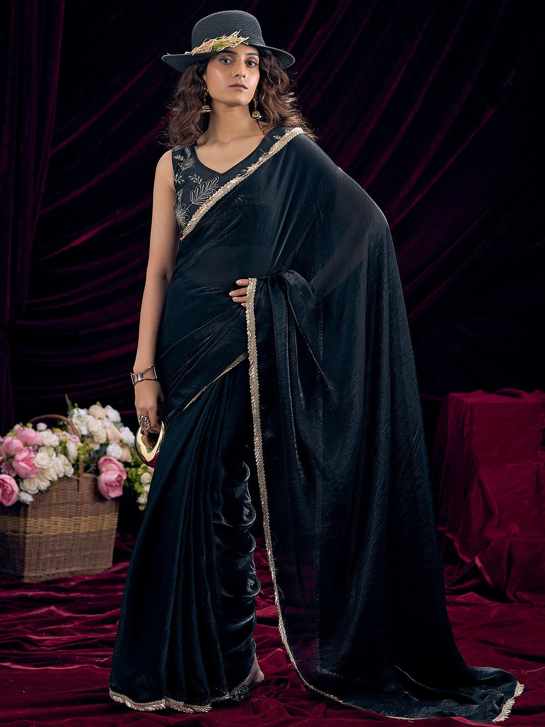 Classic Black Solid Art Silk Saree Adorned With Traditional Gota Patti Lace Work - Image 5