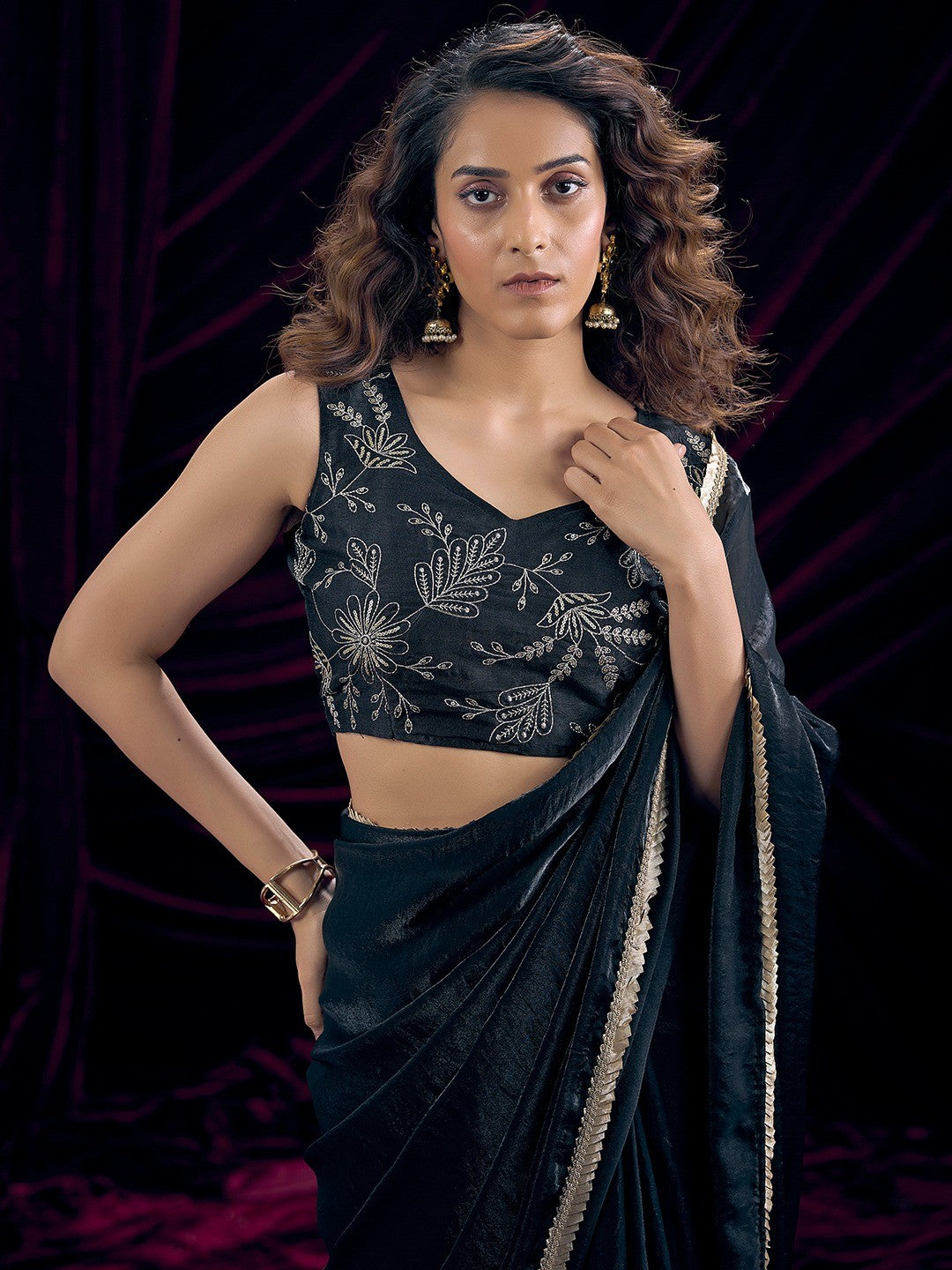 Classic Black Solid Art Silk Saree Adorned With Traditional Gota Patti Lace Work - Image 2