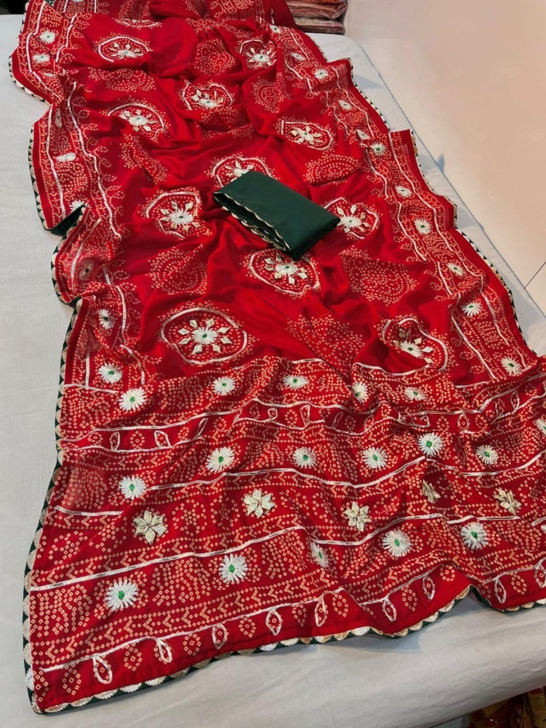 Red Vichitra Silk Saree with Bandhani Design and Gota Work Traditional Look - Image 4