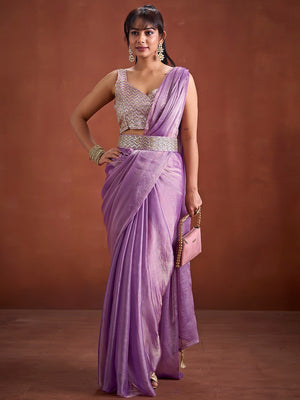 Trendy Lavender Solid Art Silk Saree With Stylish Belt & Tassel Pallu Detailing - Image 1