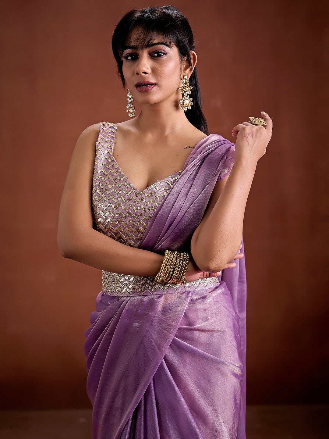 Trendy Lavender Solid Art Silk Saree With Stylish Belt & Tassel Pallu Detailing - Image 3