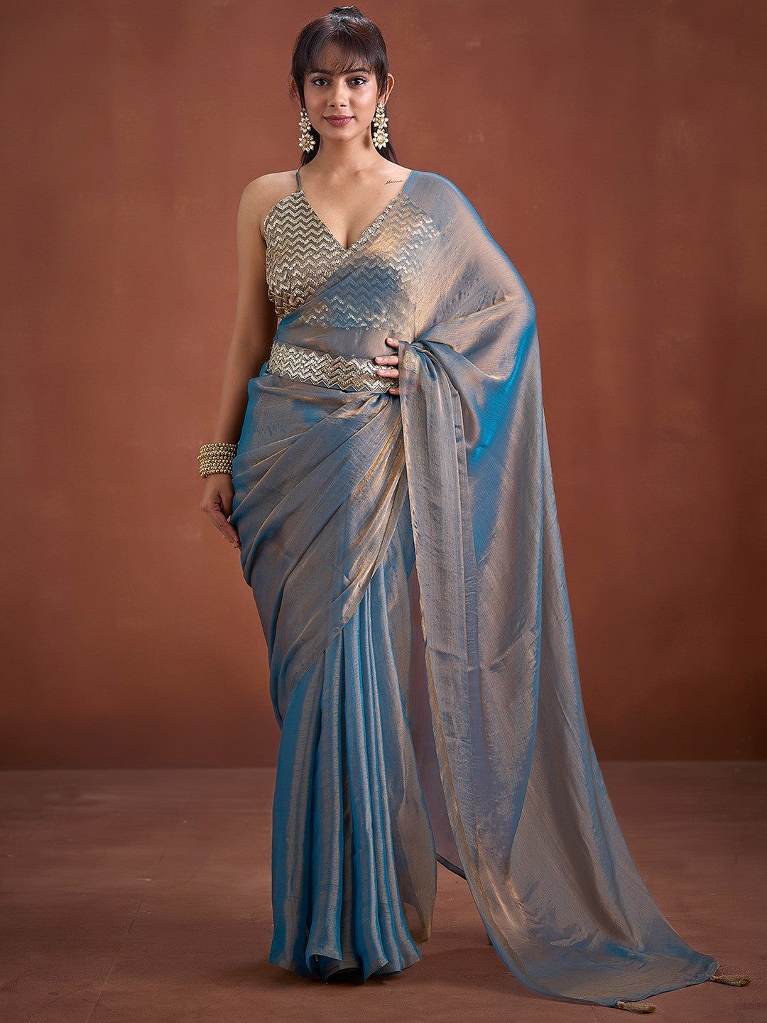 Trendy Blue Solid Art Silk Saree With Stylish Belt & Tassel Pallu Detailing - Image 1