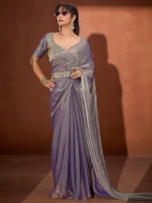 Trendy Greyish Purple Solid Art Silk Saree With Stylish Belt & Tassel Pallu Detailing - Image 1