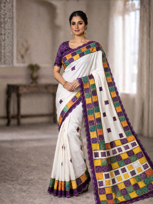 Elegant White & Wine Vichitra Silk Bandhani Saree with Mirror Work Border - Image 1