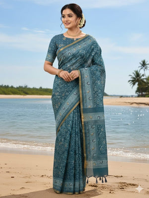 Elegant Blue Linen Saree with Floral Print and Golden Border - Image 1