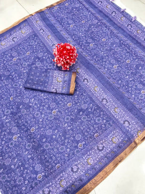 Elegant Purple Linen Saree with Floral Print and Border Detail - Image 2
