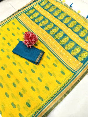 Elegant Yellow Linen Saree with Teal Border - Traditional Indian Wear - Image 2