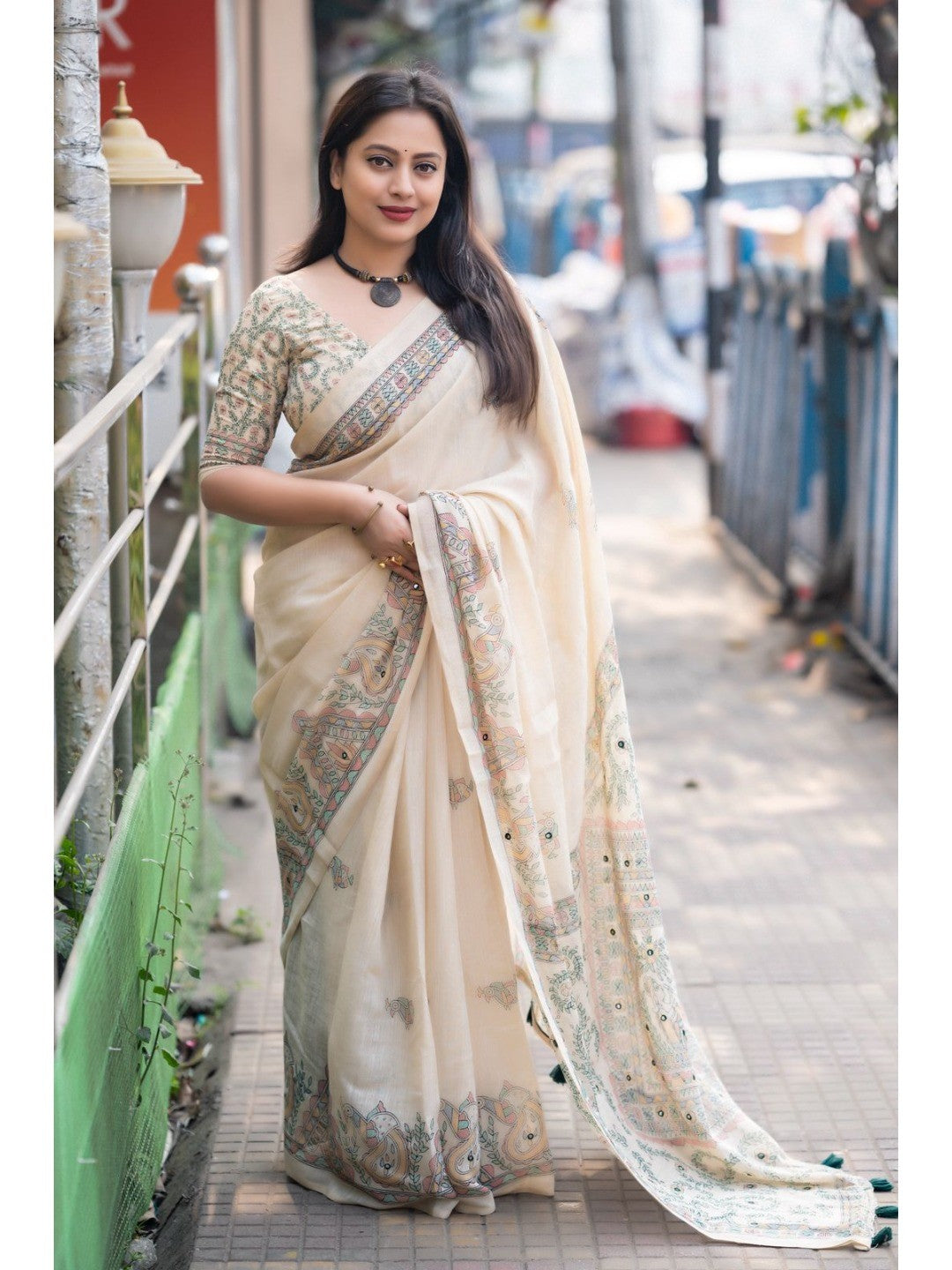 Elegant Cream Linen Saree with Madhubani Print and Tassels - Image 1