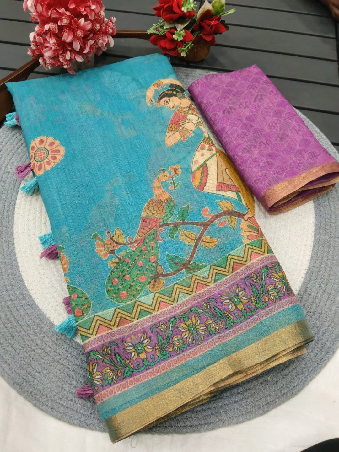 Aqua Blue Linen Saree with Printed Border and Pallu - Image 3