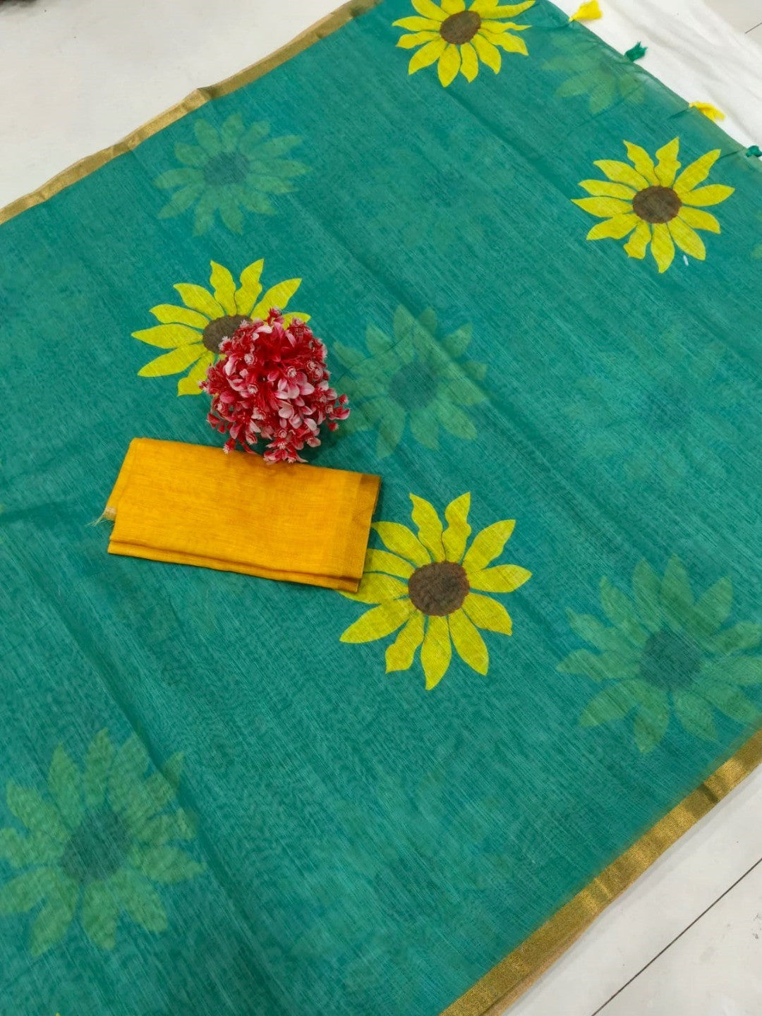 Rama Blue Linen Saree with Sunflower Print and Golden Border - Image 2