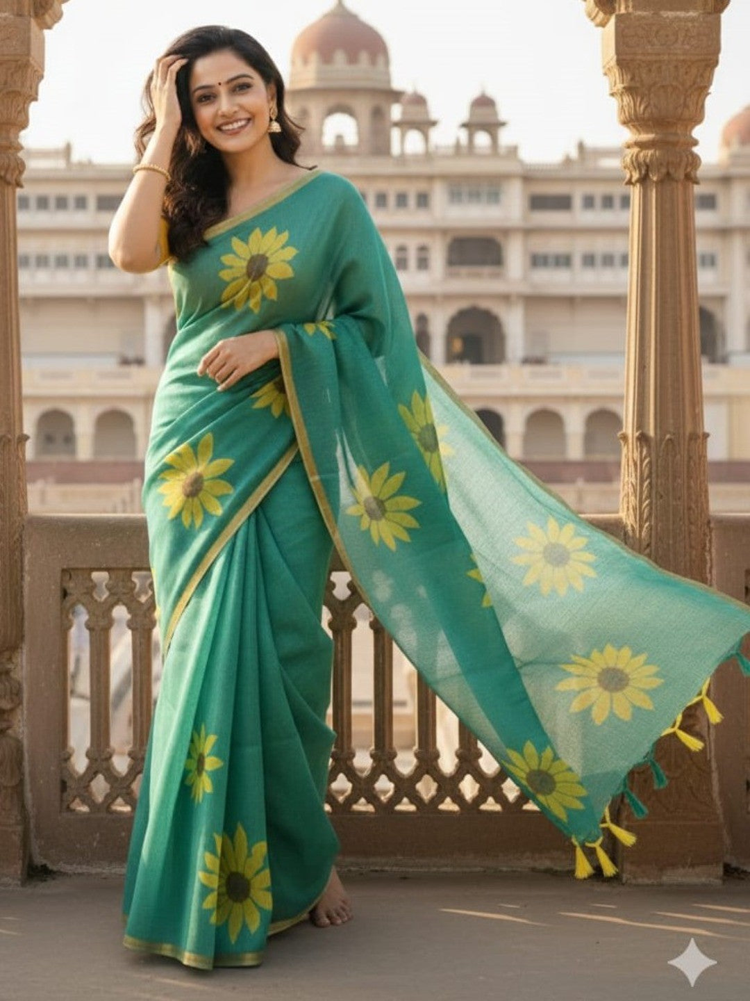 Rama Blue Linen Saree with Sunflower Print and Golden Border - Image 1