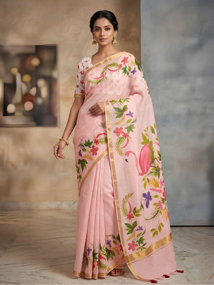 Elegant Peach Floral & Flamingo Digital Printed Linen Saree with Artistic Detailing - Image 1