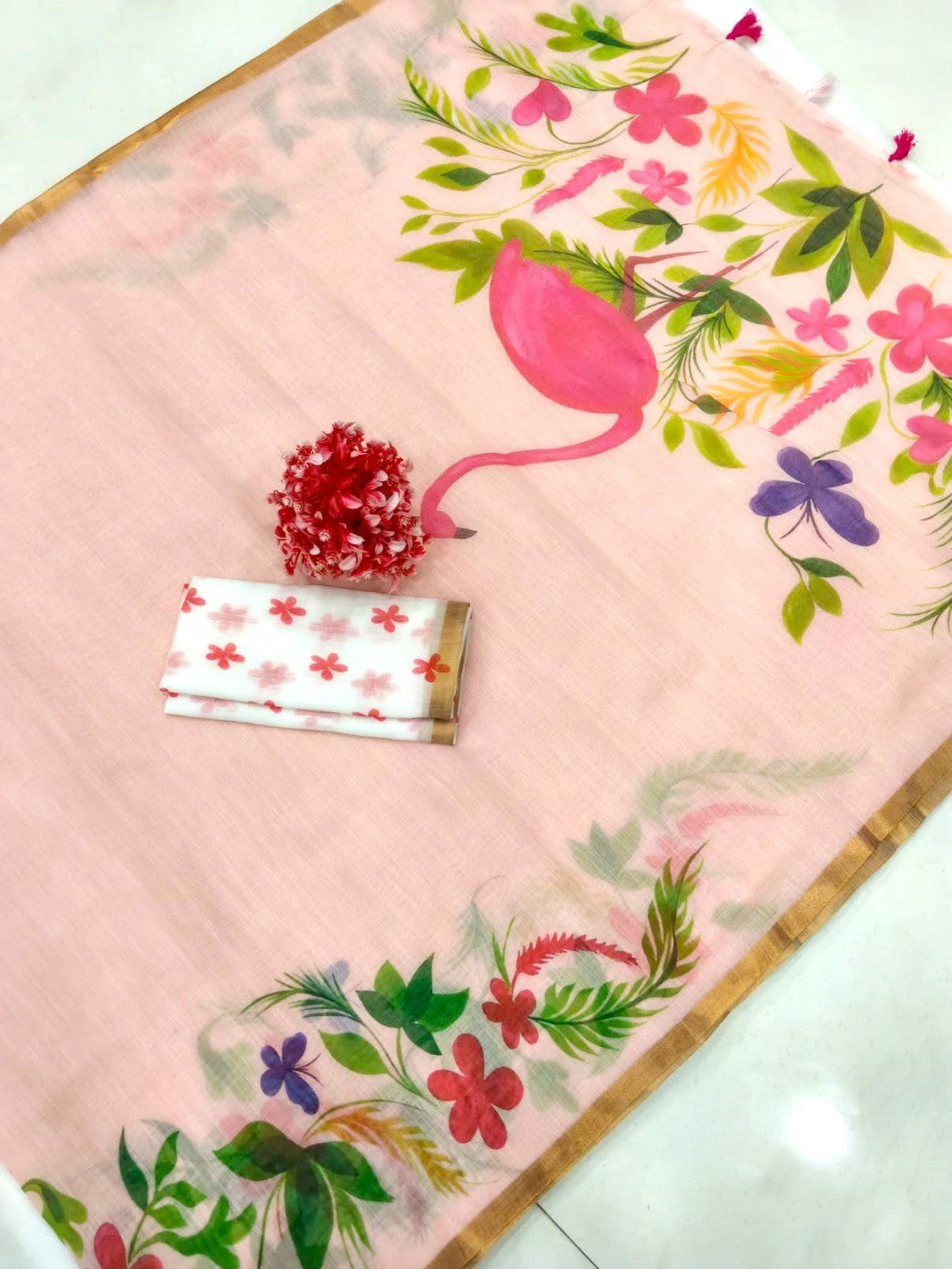 Elegant Peach Floral & Flamingo Digital Printed Linen Saree with Artistic Detailing - Image 2