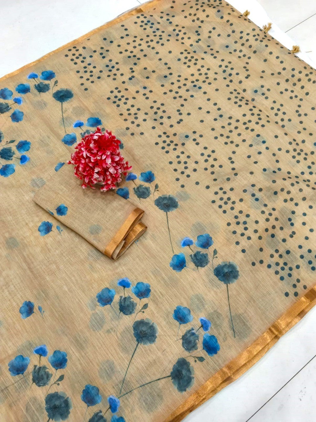 Elegant Beige Linen Saree with Blue Floral Print and Golden Border - Image 3